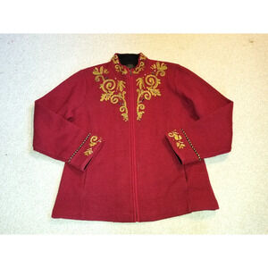 Womens Sweater/Jacket-ICELANDIC DESIGN-dk red/gold embroidered wool cardigan-L